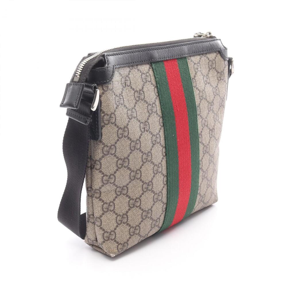 Gucci Messenger GG Leather Supreme Flat Web Canvas Bag Beige Stripe Shoulder Tan